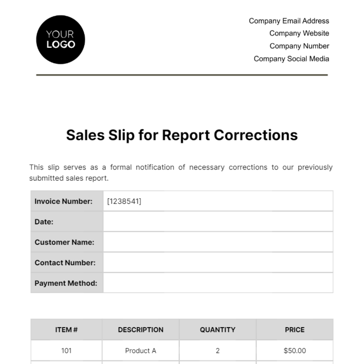 Sales Slip for Report Corrections Template