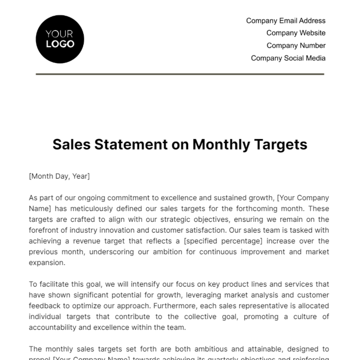 Sales Statement on Monthly Targets Template