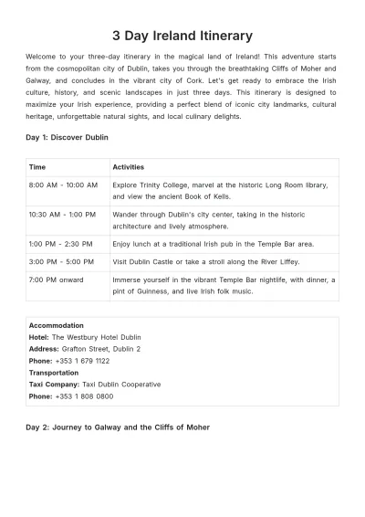 Free 3 Day Ireland Itinerary Template to Edit Online