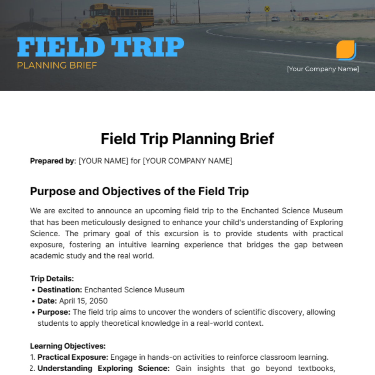 Free Field Trip Planning Brief Template