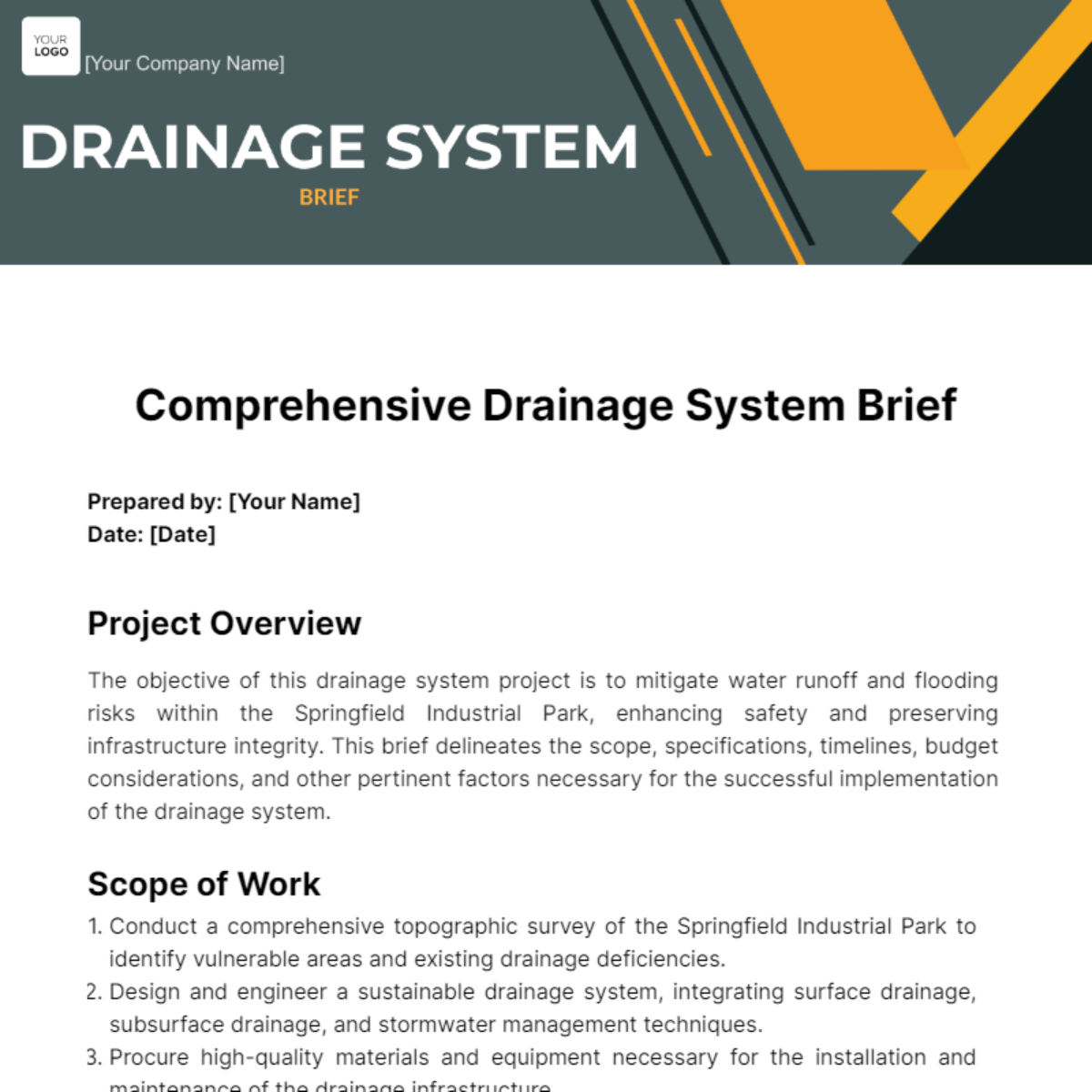 Drainage System Brief Template - Edit Online & Download