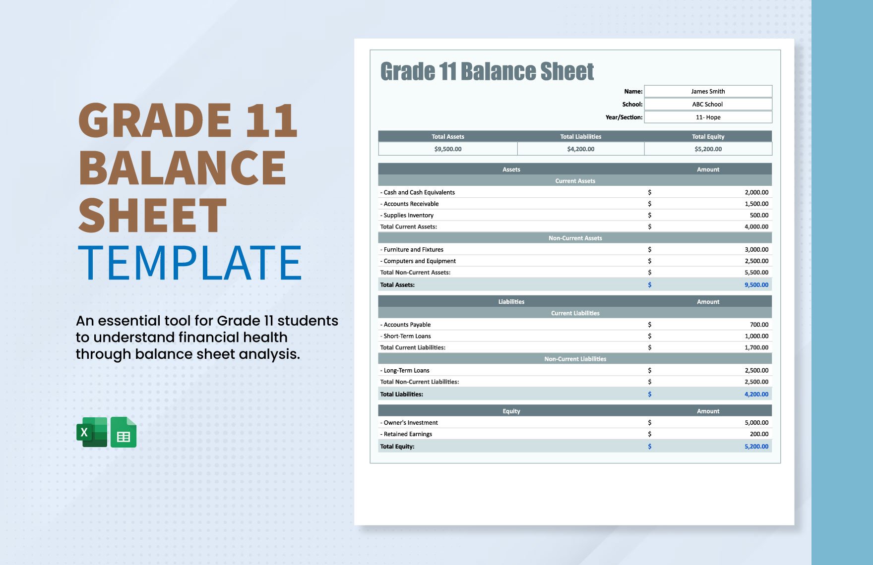 Grade 11 Balance Sheet Template in Excel, Google Sheets