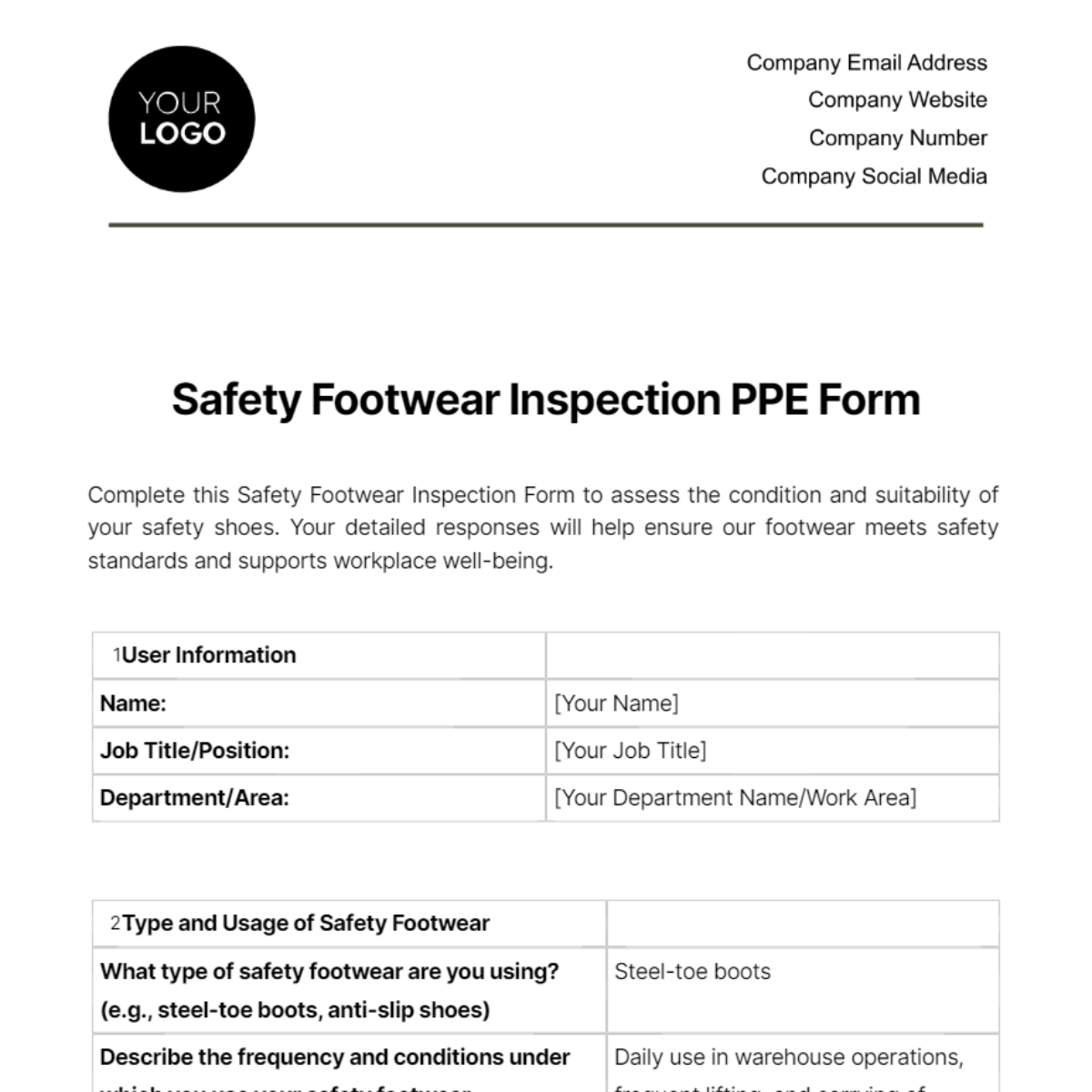 Safety Footwear Inspection PPE Form Template