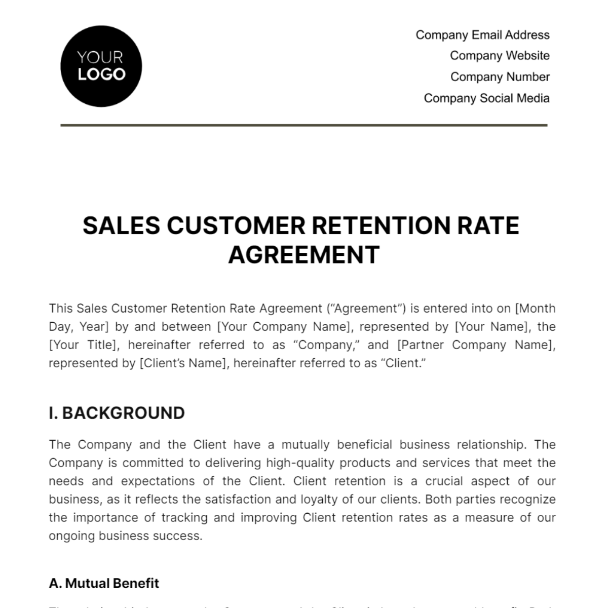 Free Sales Customer Retention Rate Agreement Template