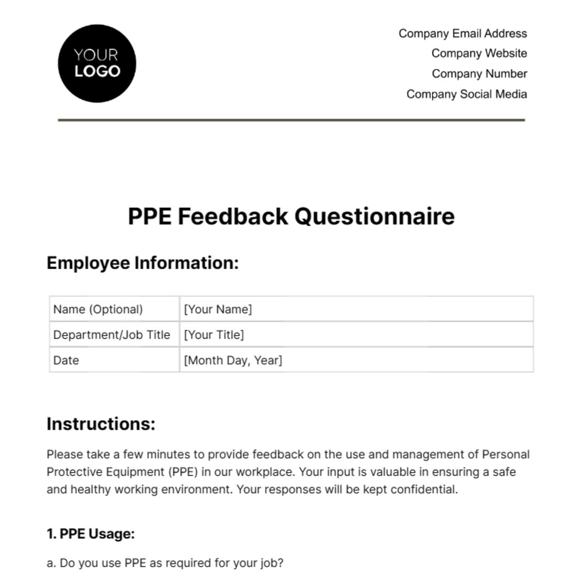 PPE Feedback Questionnaire Template - Edit Online & Download