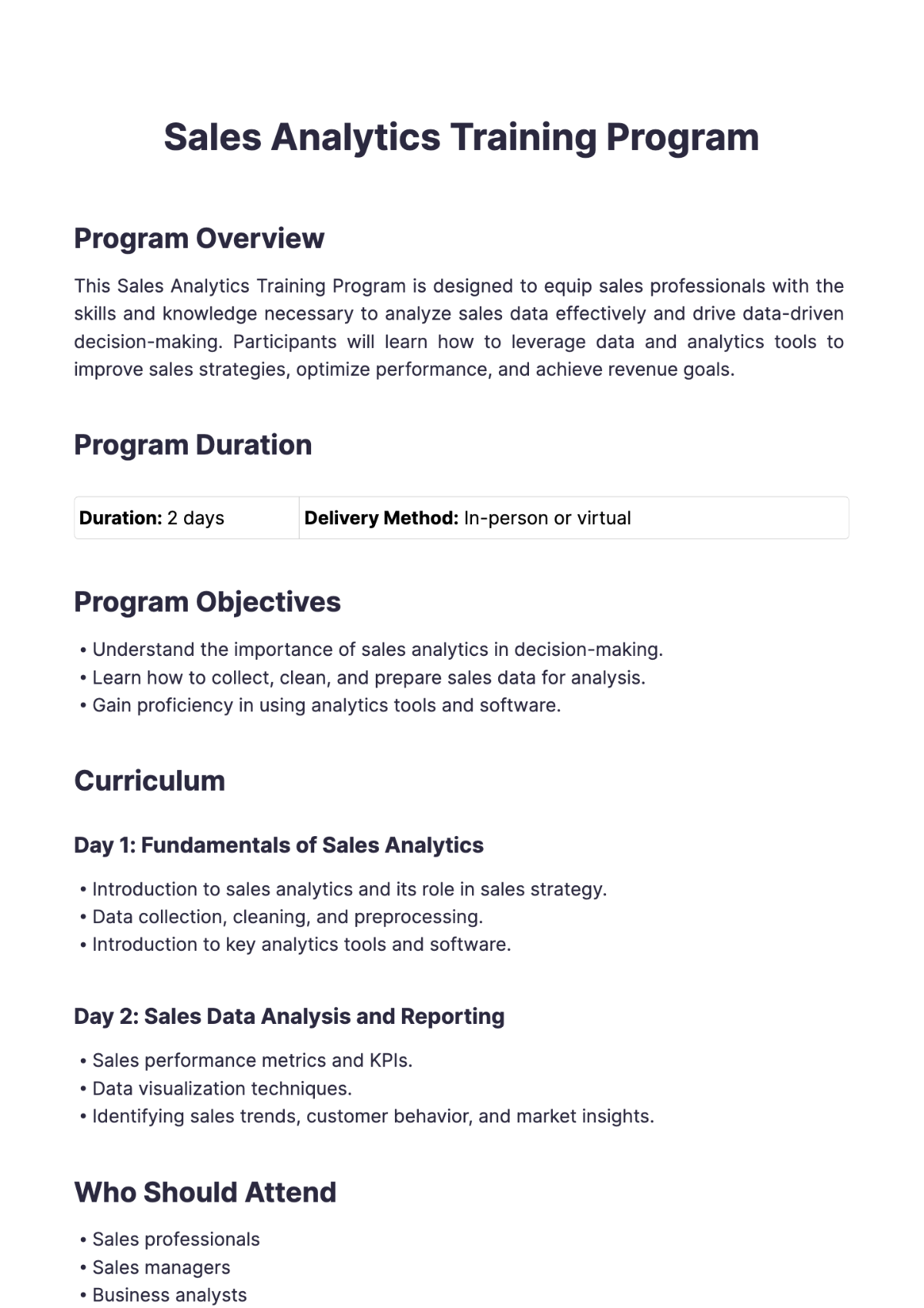 Sales Analytics Training Program Template - Edit Online & Download