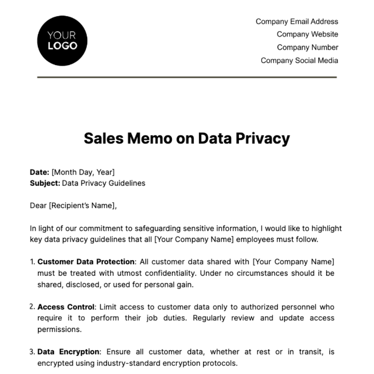 Free Sales Memo on Data Privacy Template
