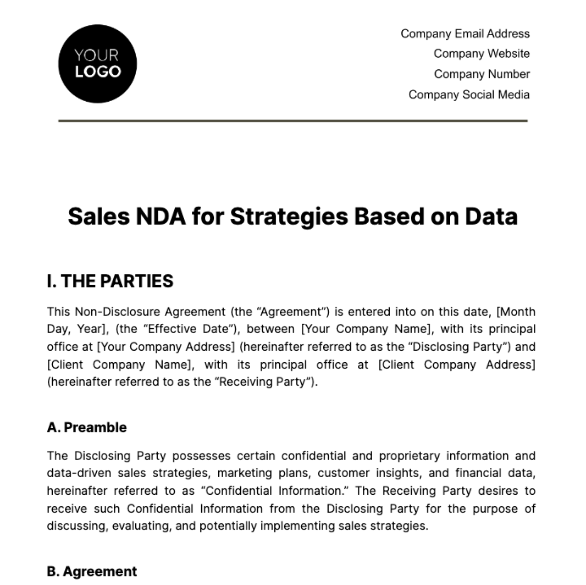 Free Sales NDA for Strategies Based on Data Template