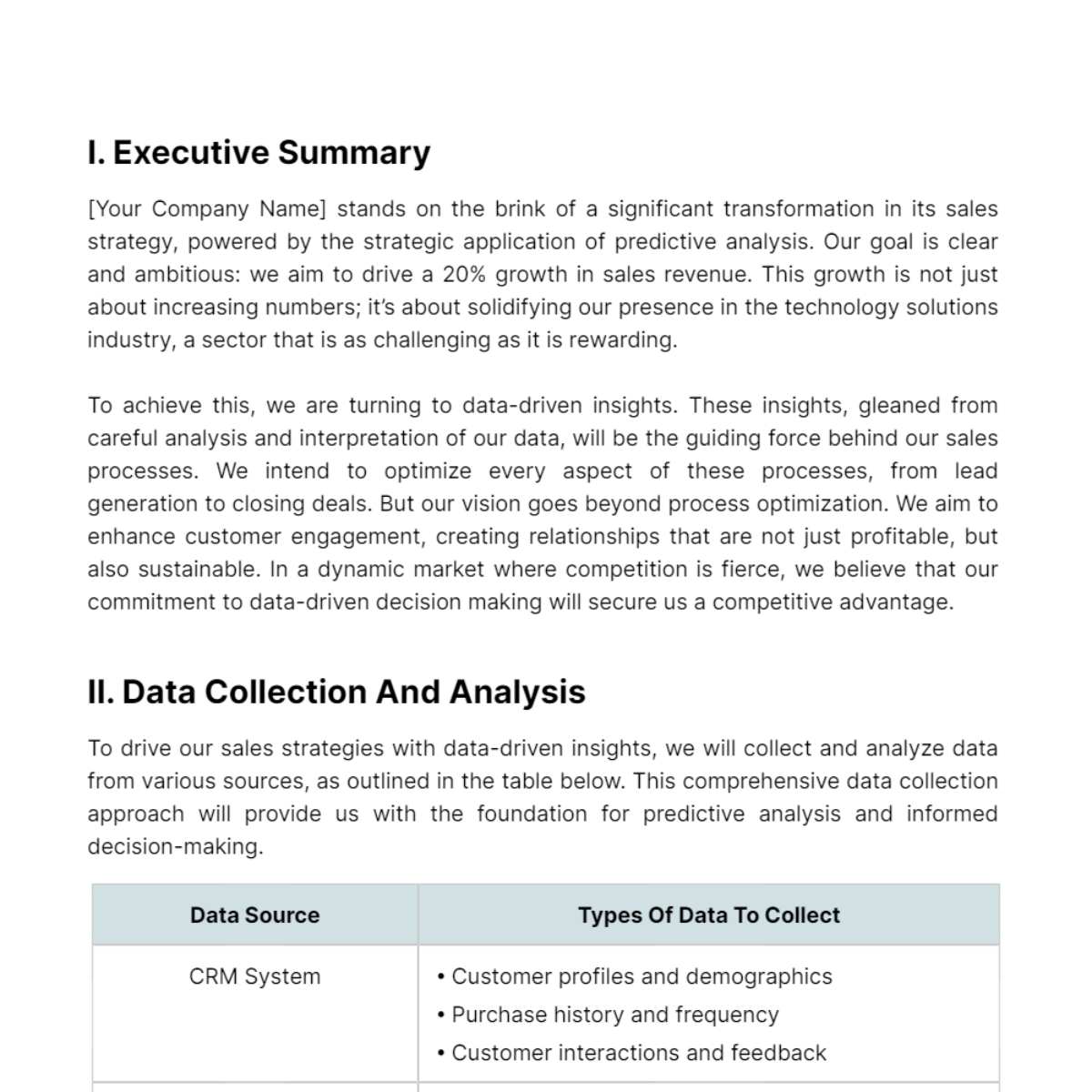 Free Sales Business Plan Based on Predictive Analysis Template