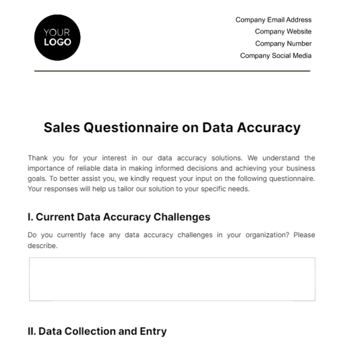 Sales Questionnaire on Data Accuracy Template