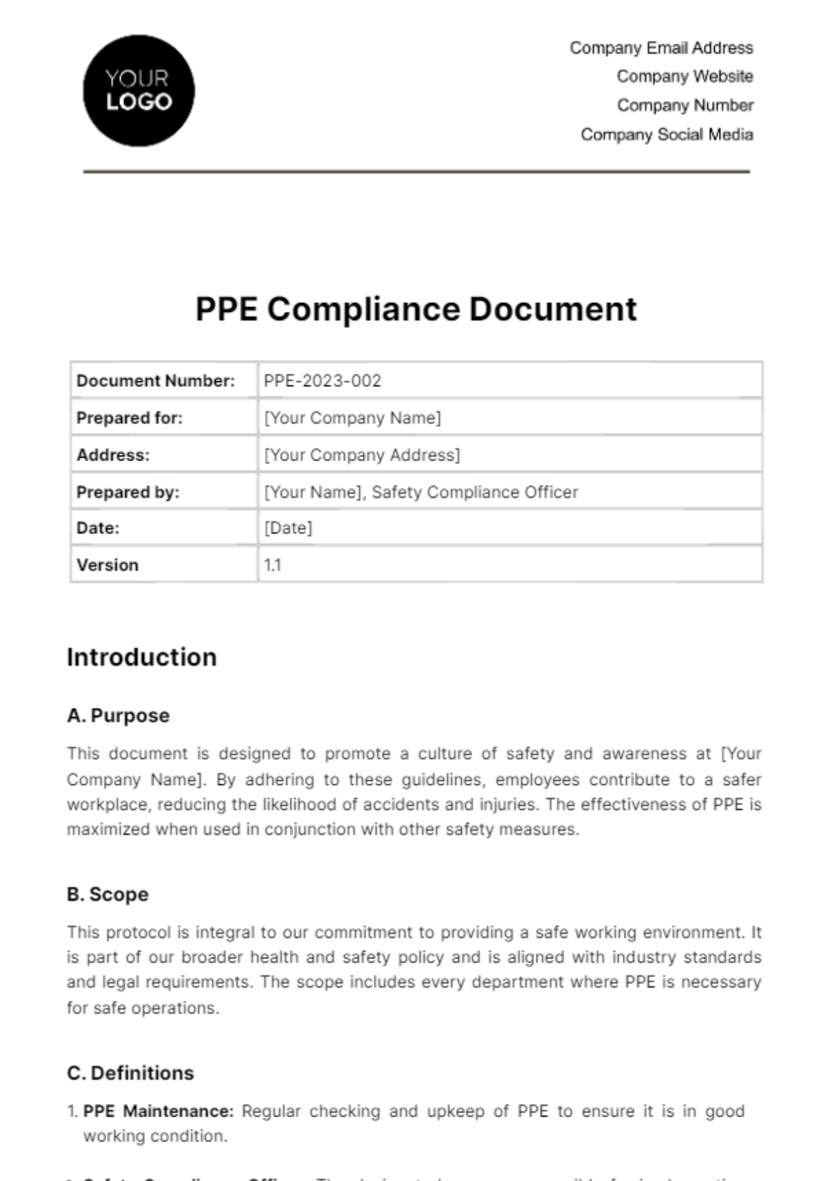 PPE Compliance Document Template