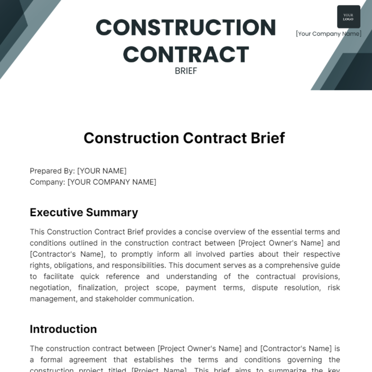 Free Construction Contract Brief Template