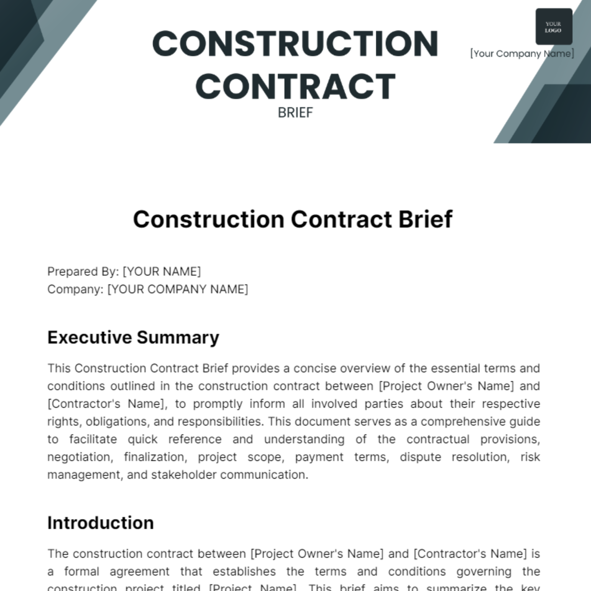 Construction Contract Brief Template - Edit Online & Download