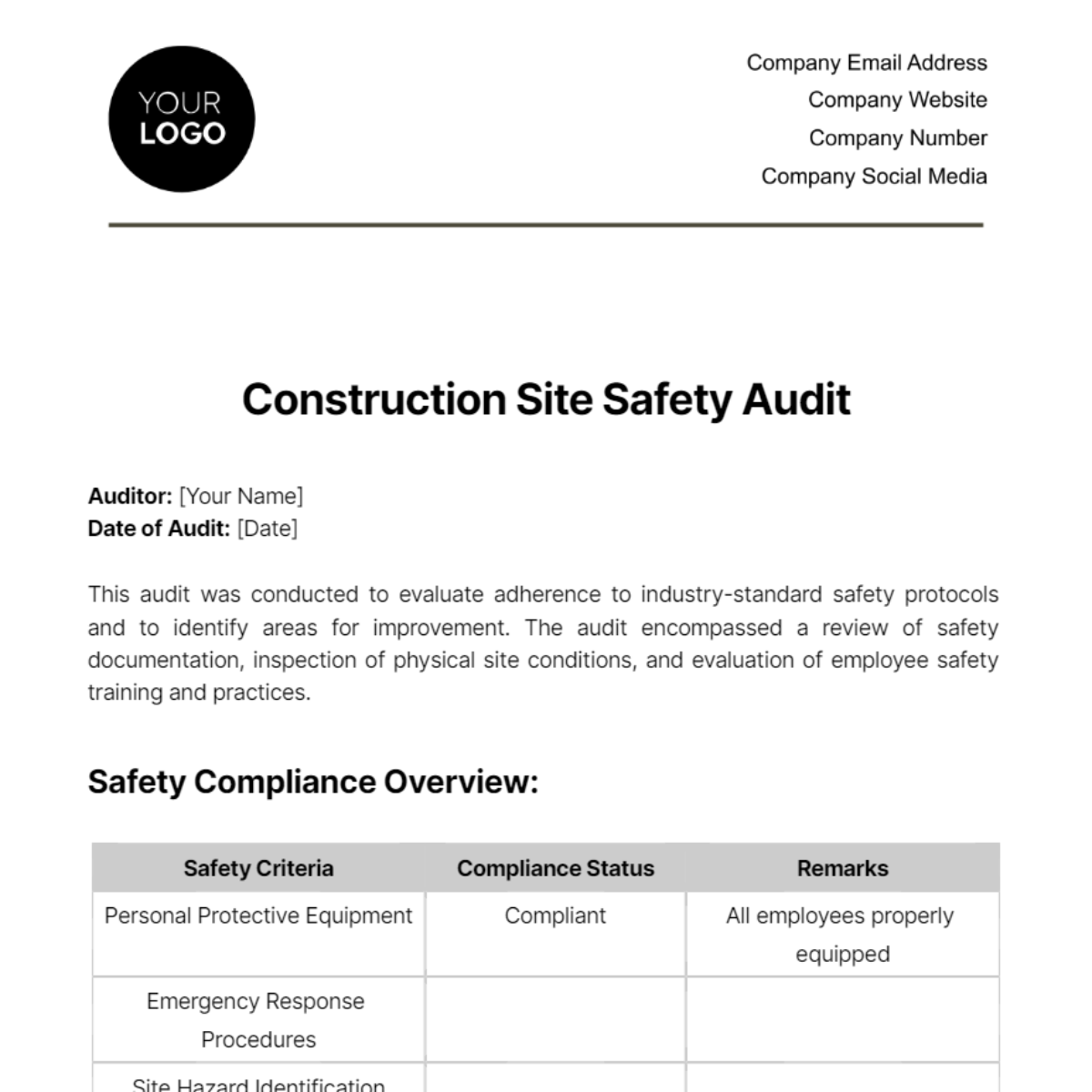 Construction Site Safety Audit Template - Edit Online & Download