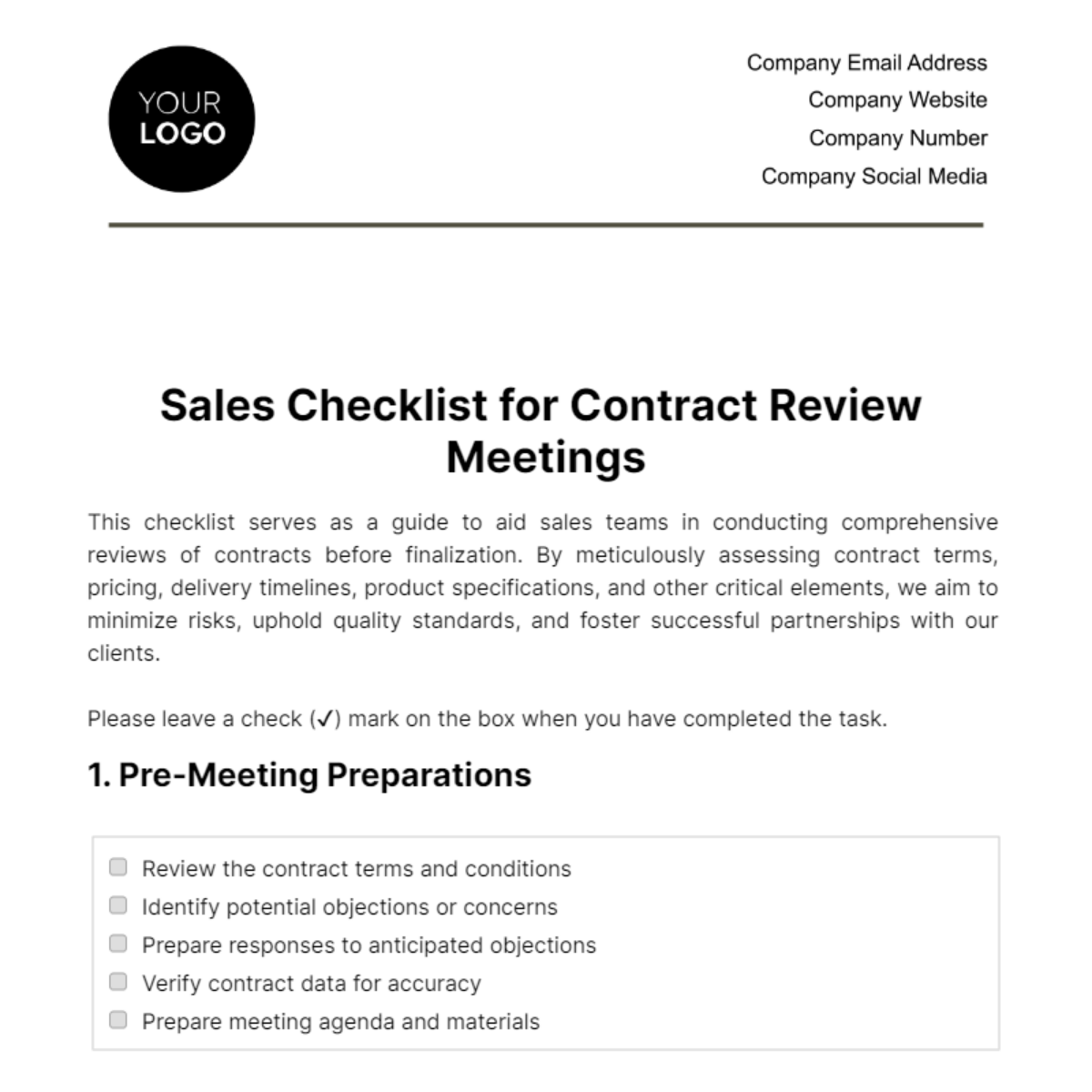 Free Sales Checklist for Contract Review Meetings Template