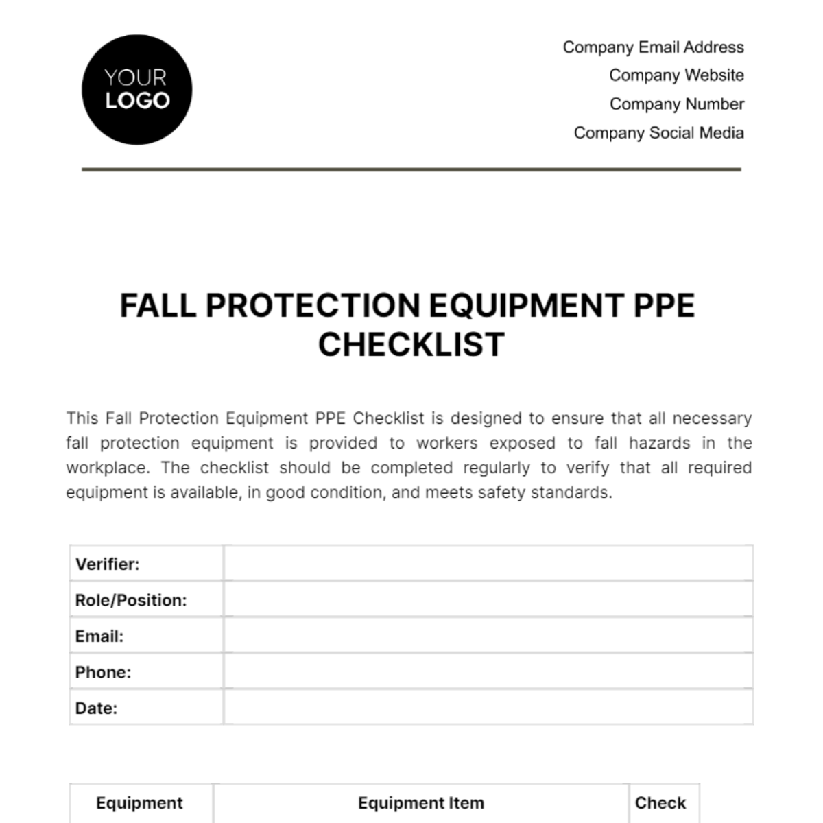 Fall Protection Equipment PPE Checklist Template