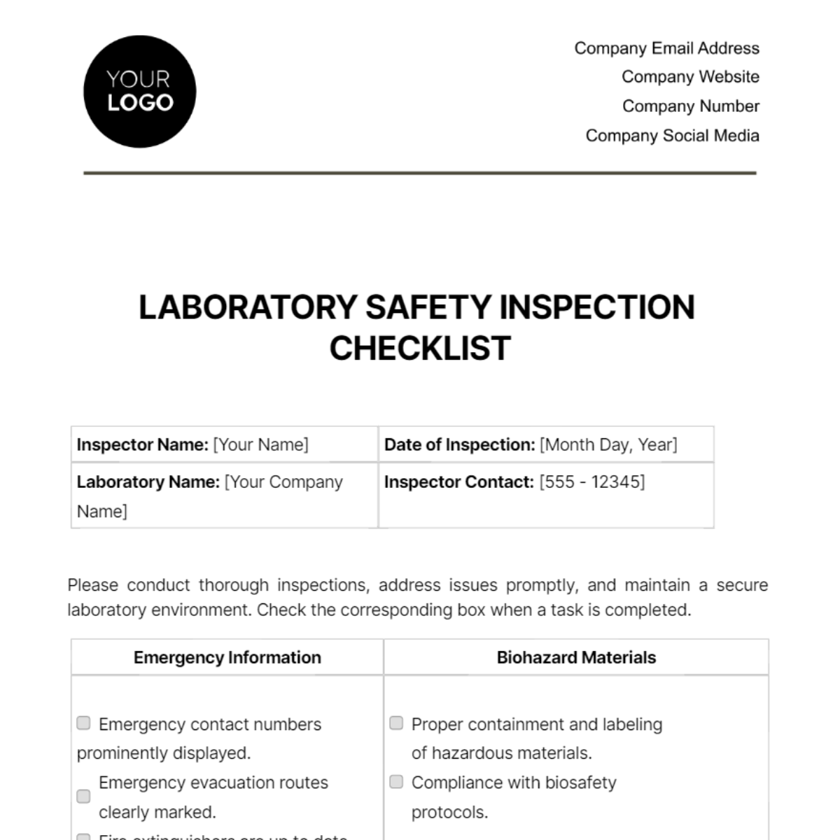 Free Laboratory Safety Inspection Checklist Template