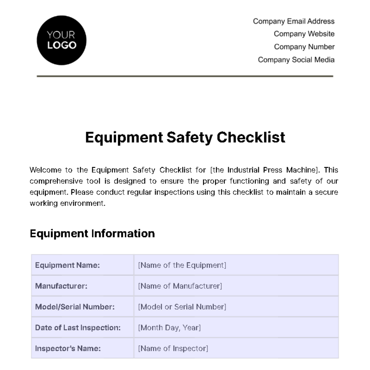 Free Equipment Safety Checklist Template