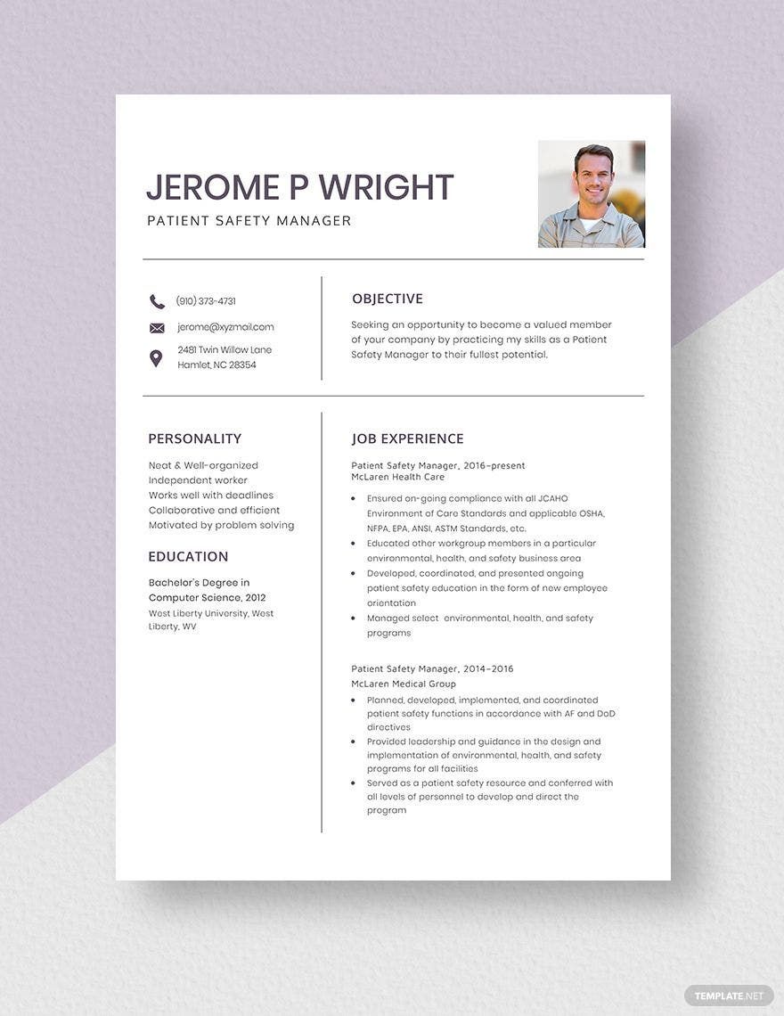 Patient Safety Manager Resume in Word, Apple Pages