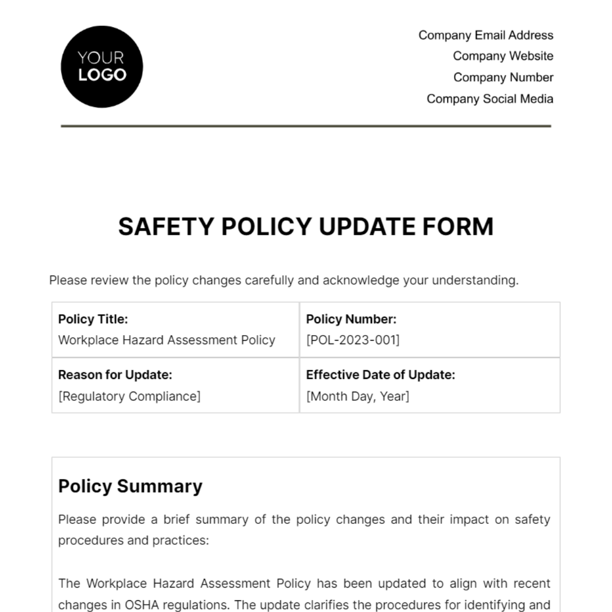 Free Safety Policy Update Form Template