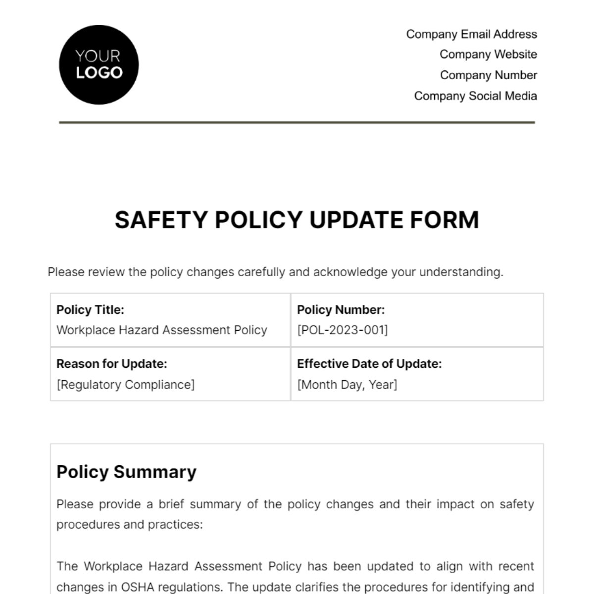 Safety Policy Update Form Template - Edit Online & Download