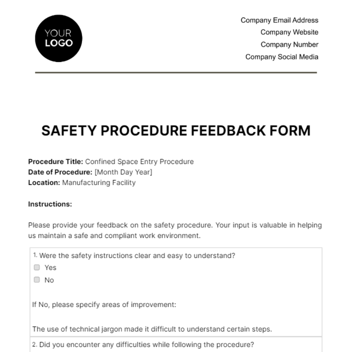 Safety Procedure Feedback Form Template - Edit Online & Download