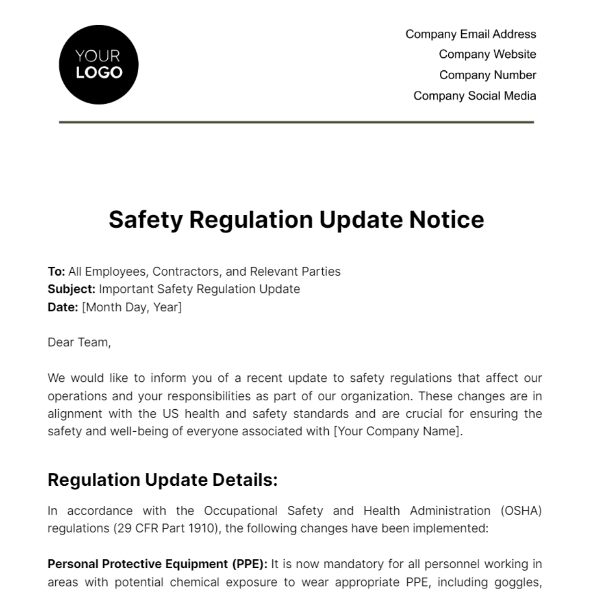 Safety Regulation Update Notice Template