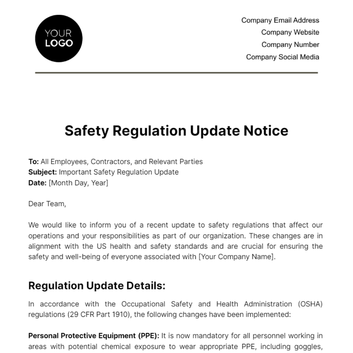 Safety Regulation Update Notice Template - Edit Online & Download