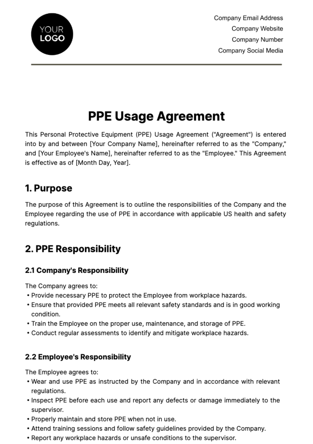 PPE Usage Agreement Template - Edit Online & Download