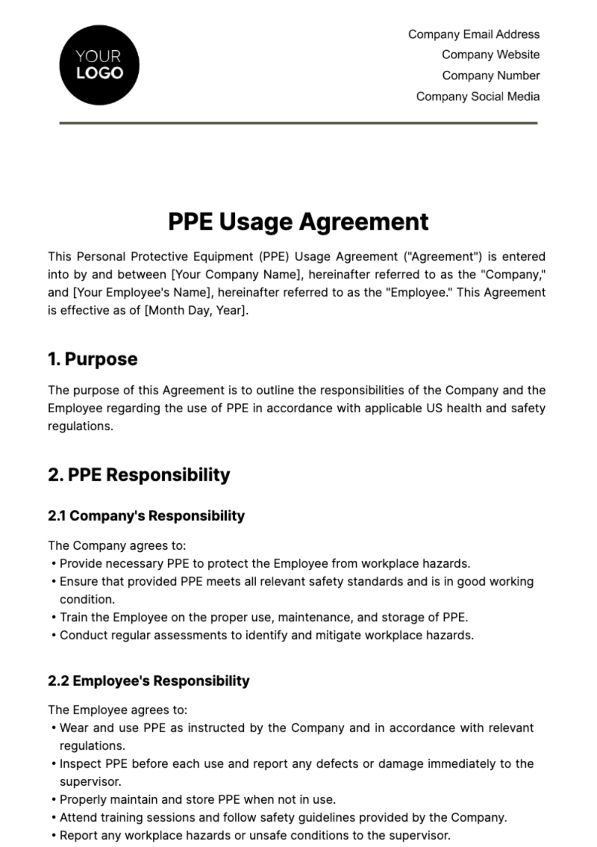 Free PPE Usage Agreement Template To Edit Online