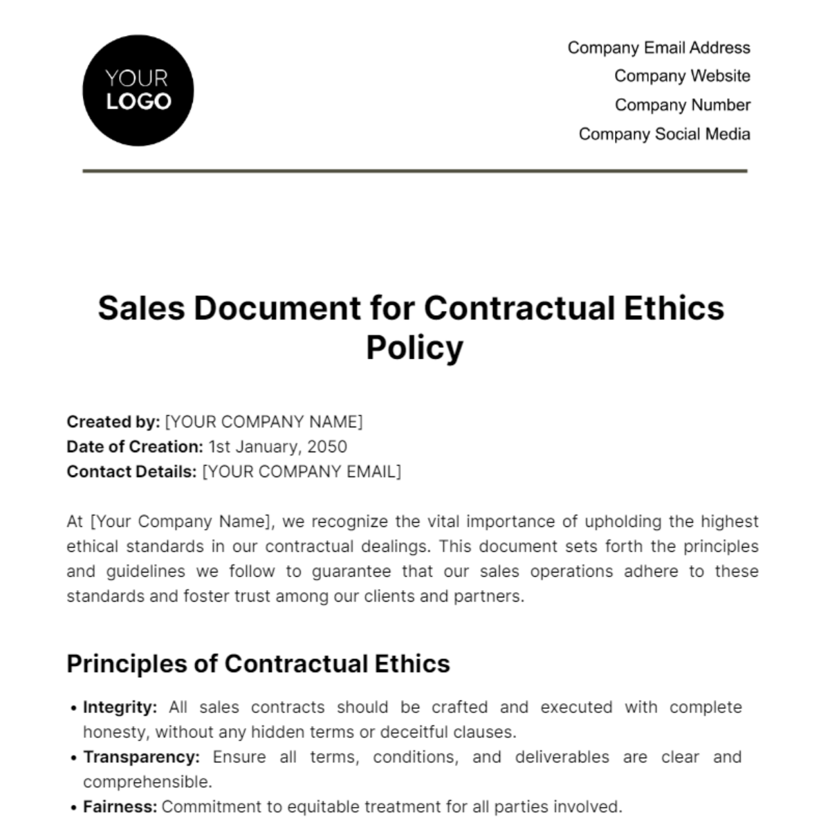 Free Sales Document for Contractual Ethics Template