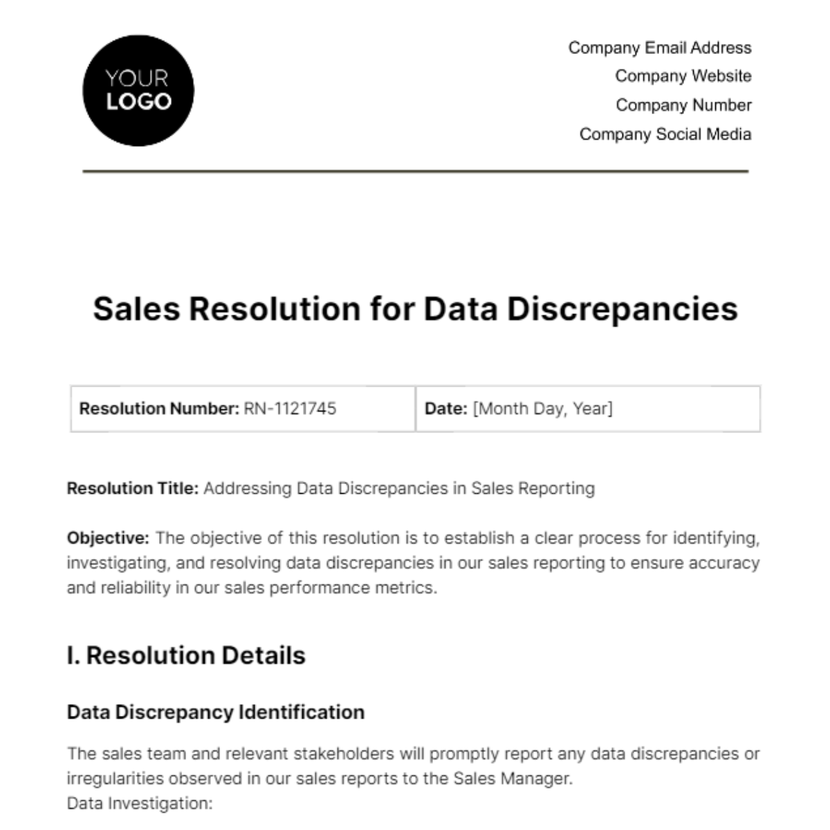 Sales Resolution for Data Discrepancies Template