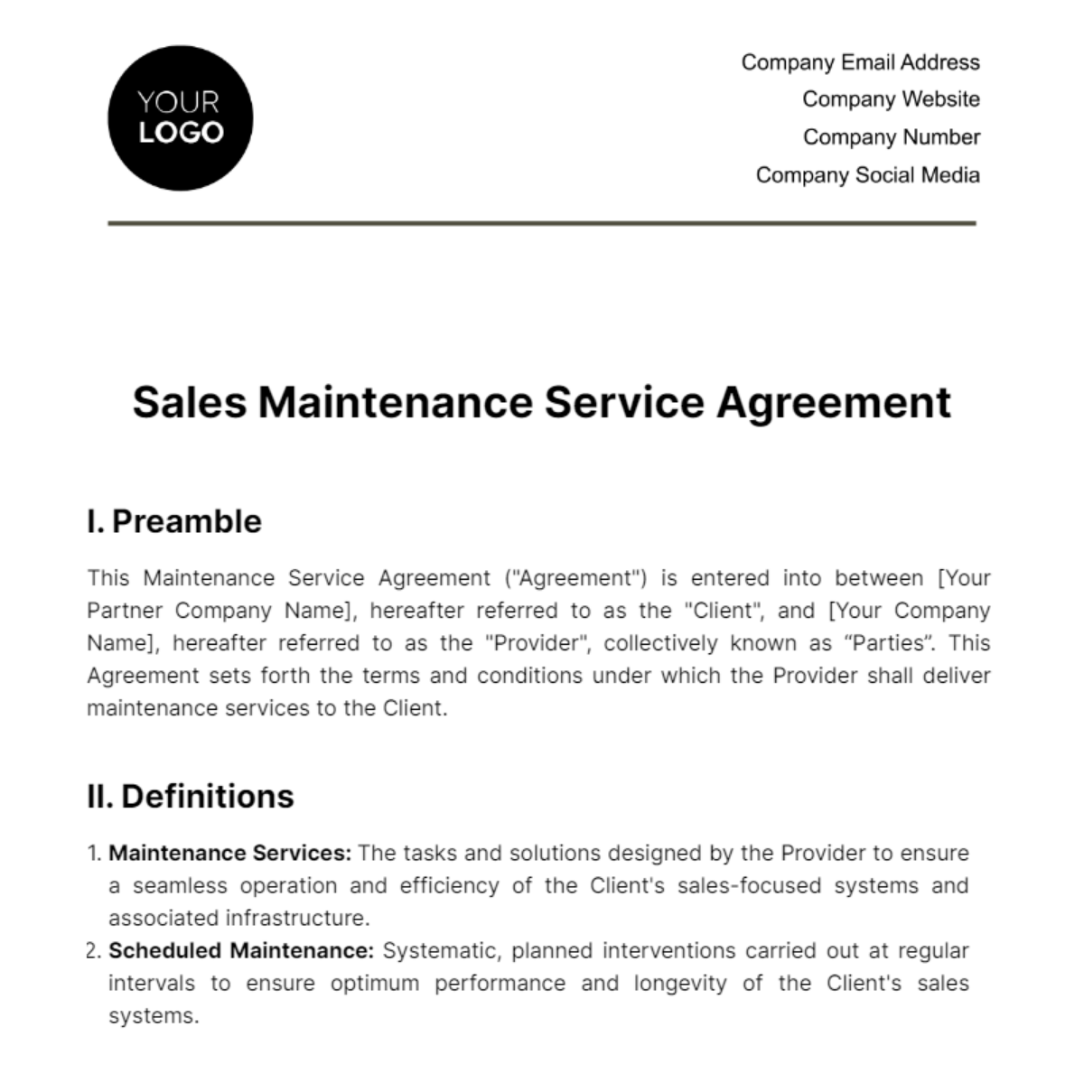 Free Sales Maintenance Service Agreement Template