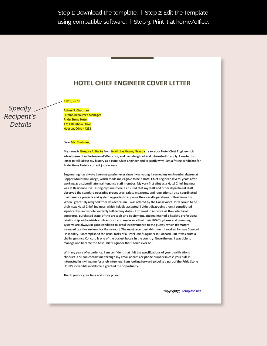 Hotel Chief Engineer Cover Letter Template