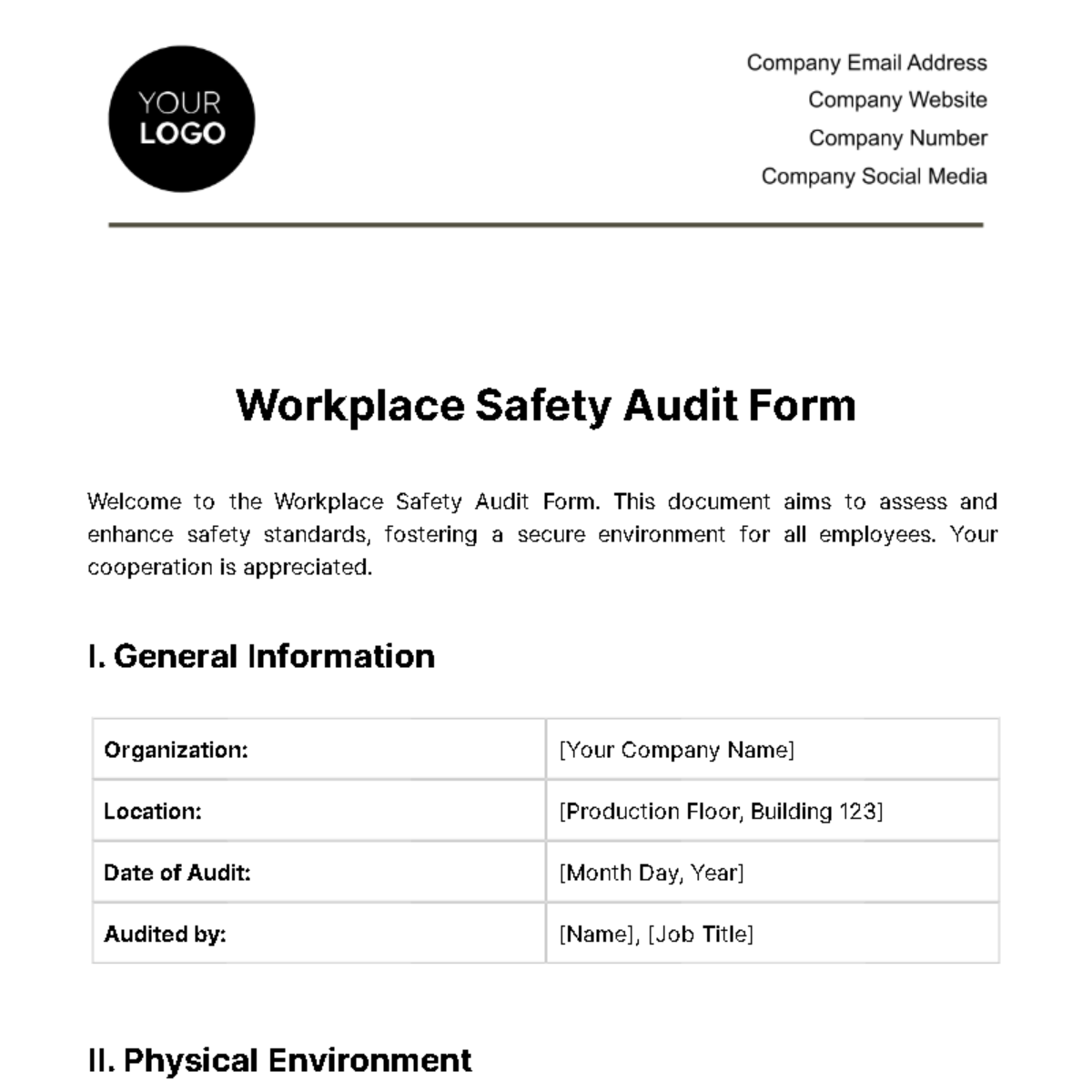 Workplace Safety Audit Form Template