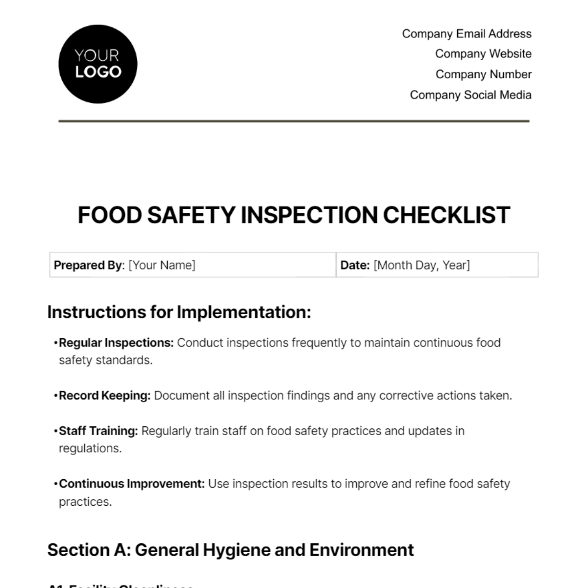Free Food Safety Inspection Checklist Template