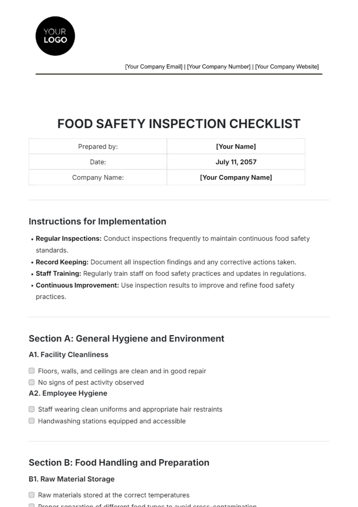 Food Safety Inspection Checklist Template - Edit Online & Download