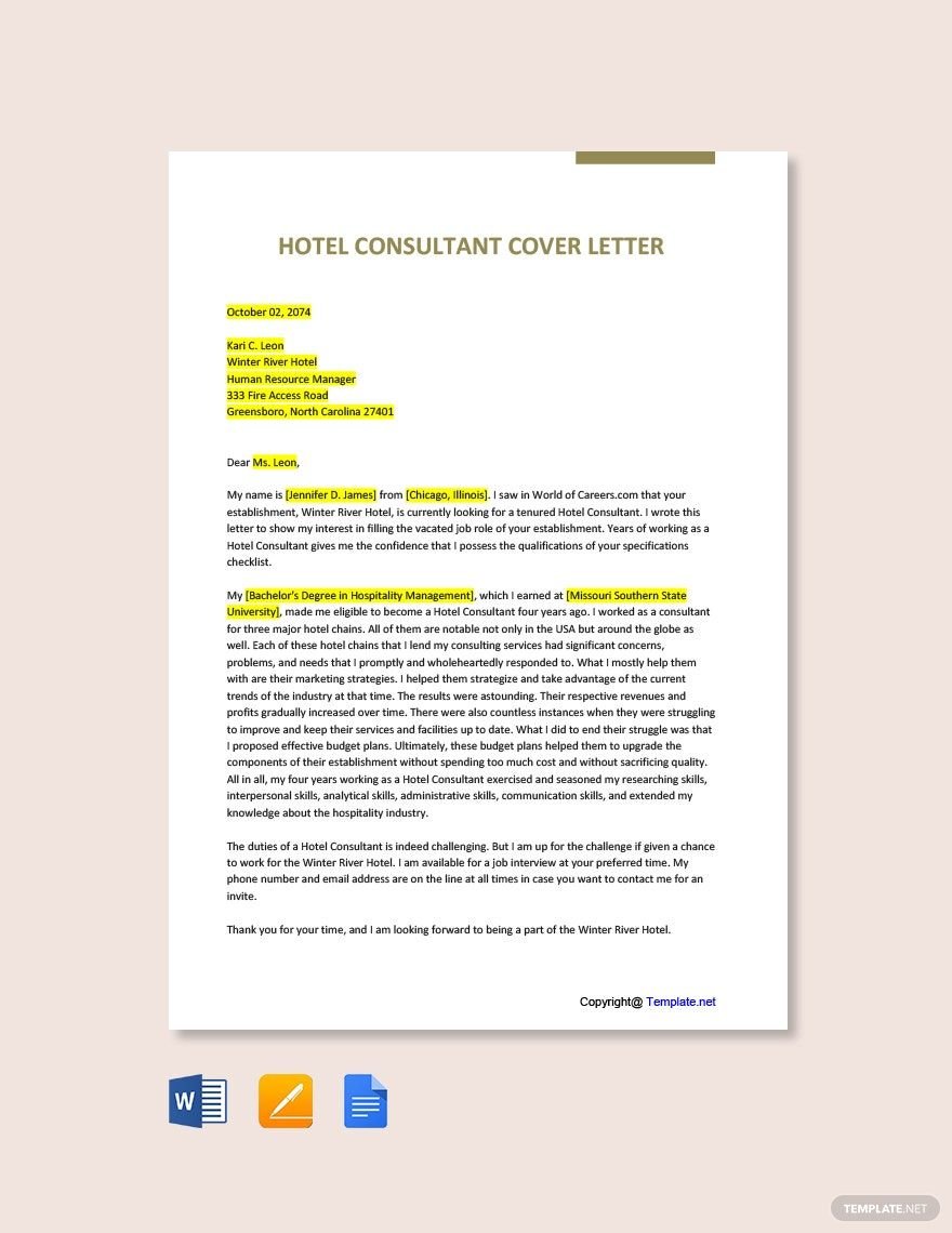 Hotel Consultant Cover Letter in Word, Google Docs, PDF, Apple Pages