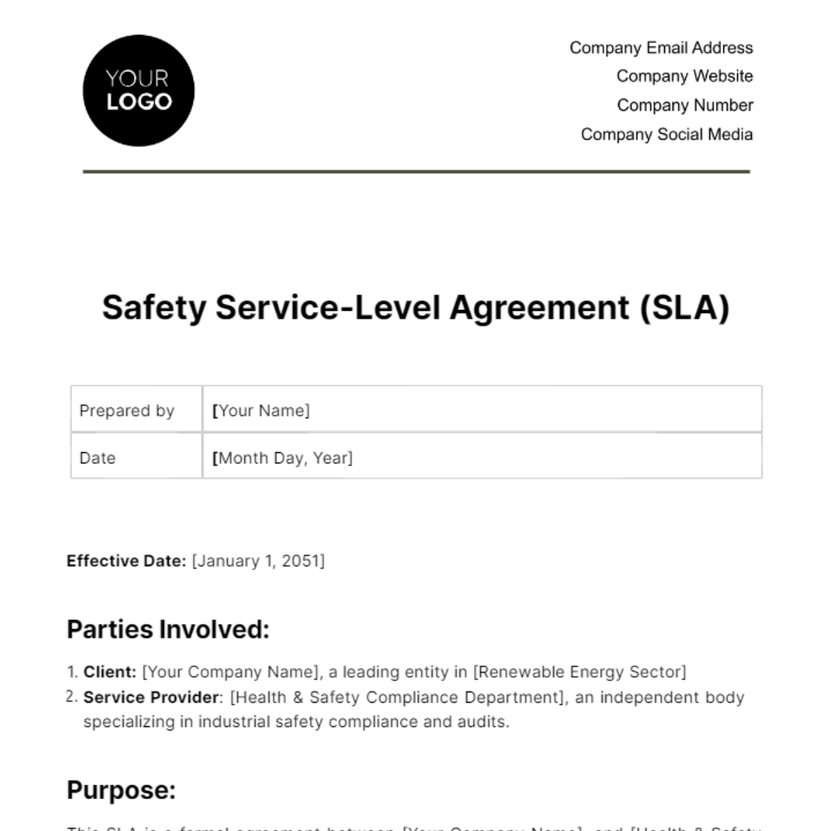 Free Safety Service-Level Agreement (SLA) Template