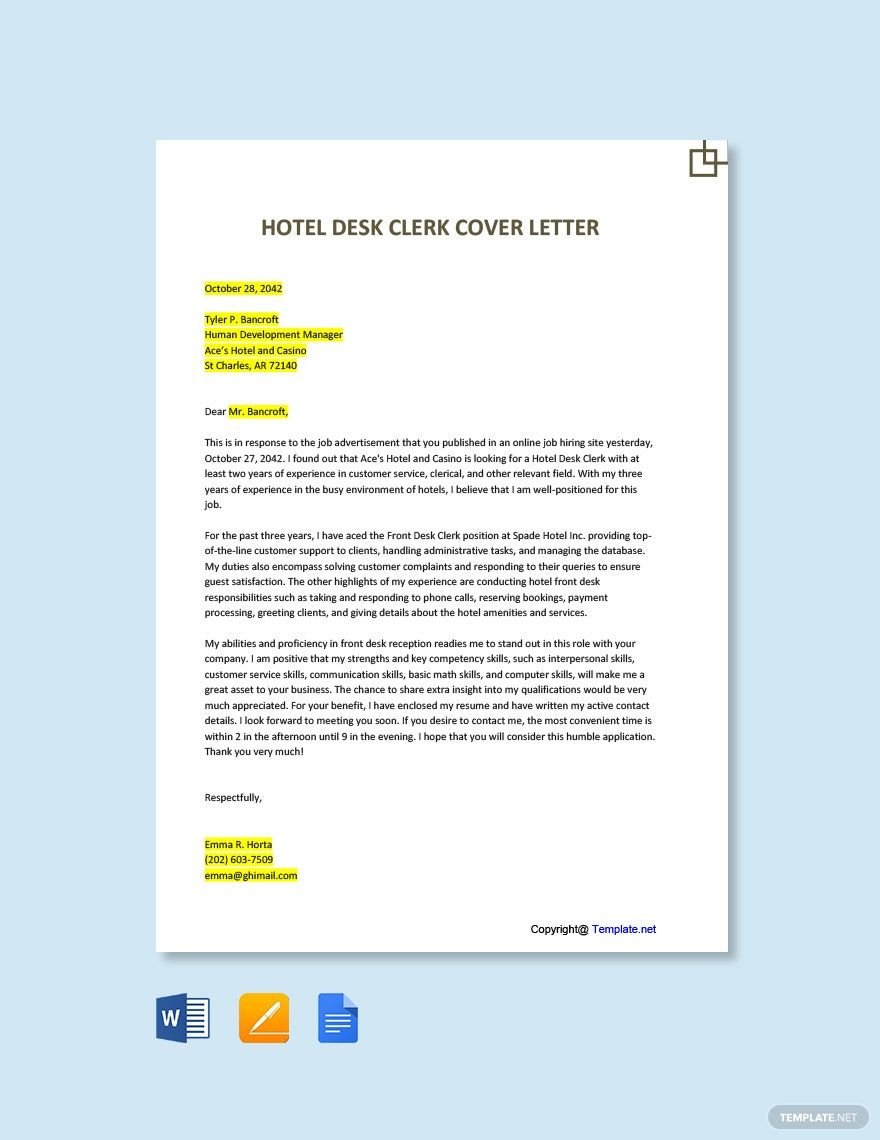 Hotel Desk Clerk Cover Letter Template
