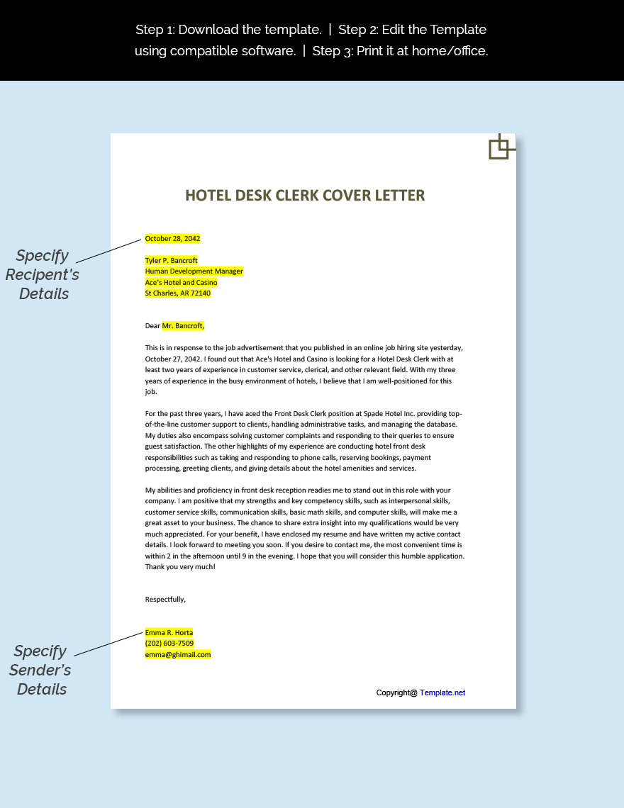Hotel Desk Clerk Cover Letter Template