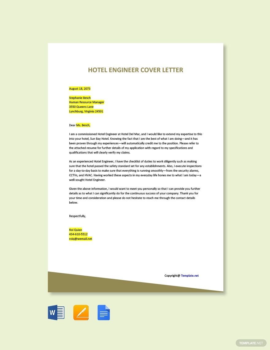 Hotel Engineer Cover Letter Template