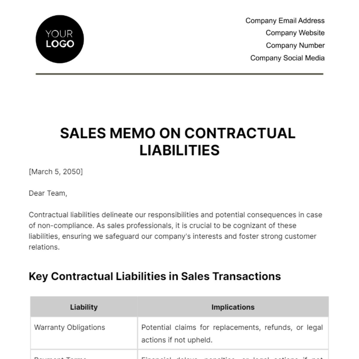 Free Sales Memo on Contractual Liabilities Template