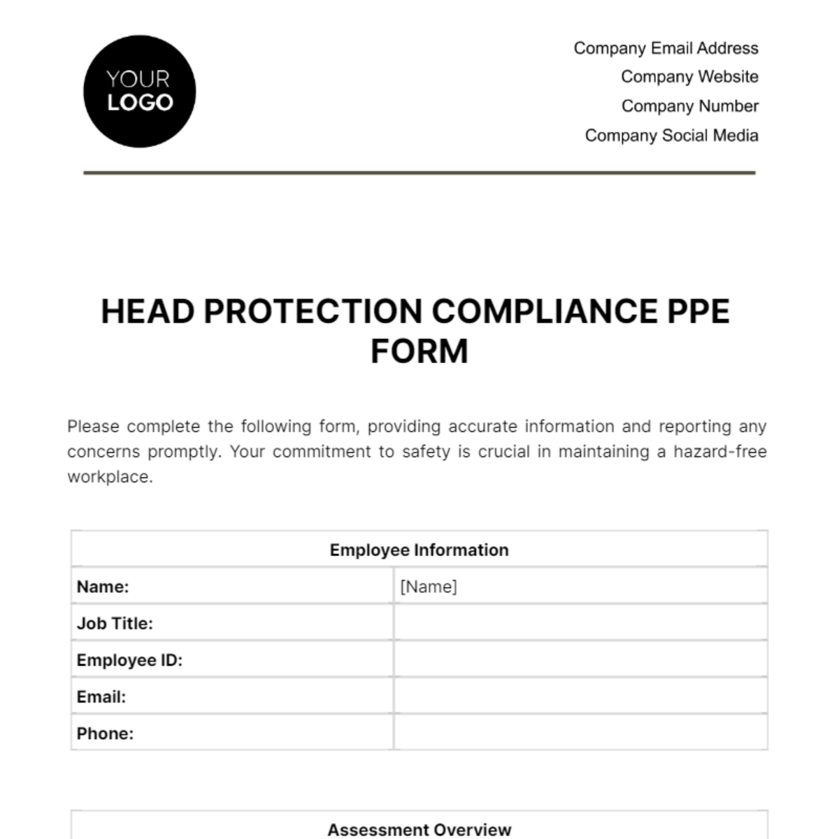 Head Protection Compliance PPE Form Template