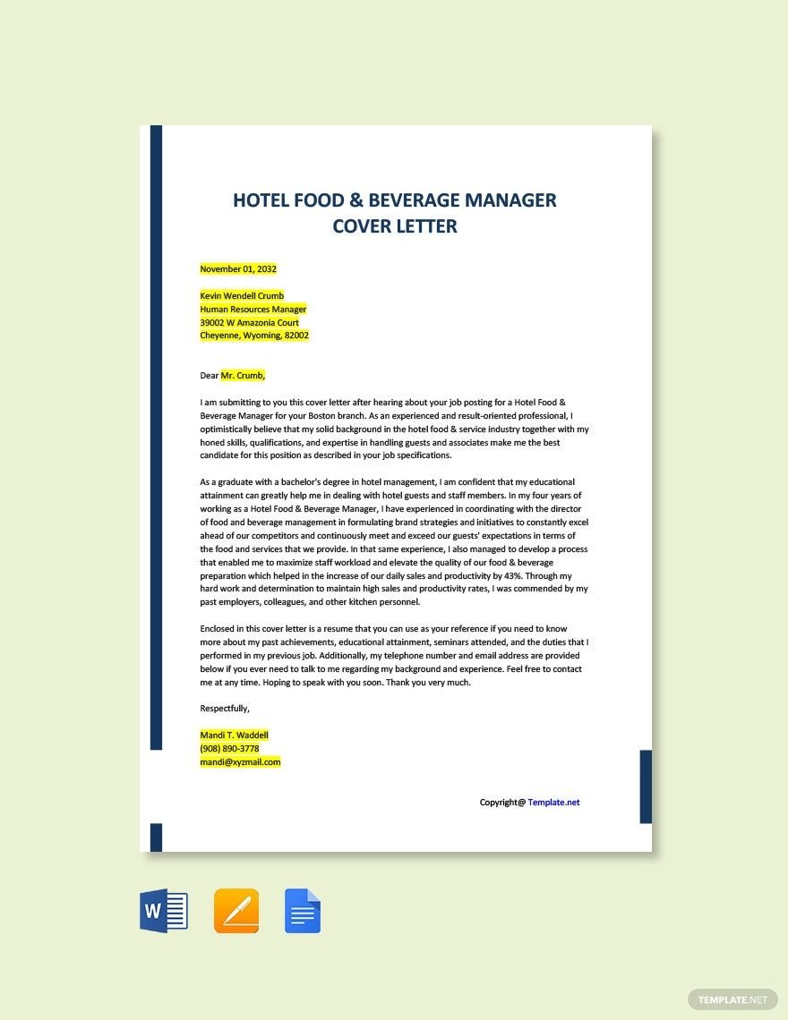 Hotel Food & Beverage Manager Cover Letter Template