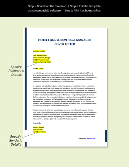 HOTEL FOOD  BEVERAGE MANAGER Cover Latter Template