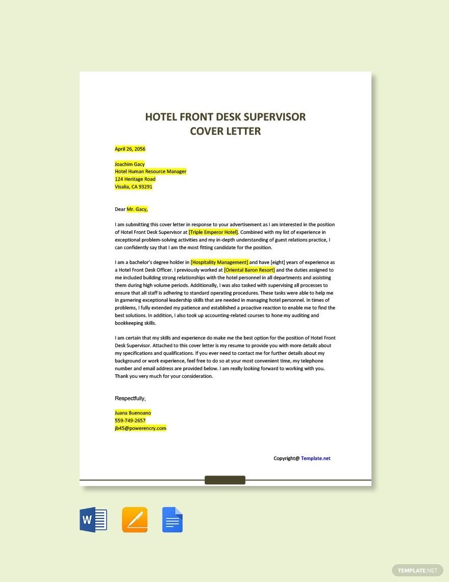Hotel Front Desk Supervisor Cover Letter Template