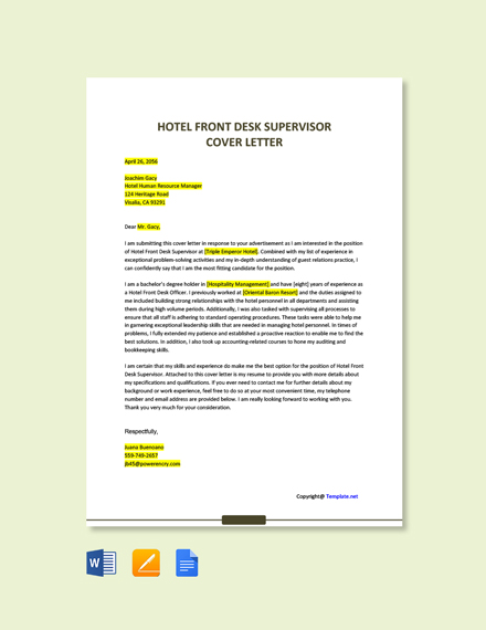 Free Hotel Front Desk Supervisor Cover Letter