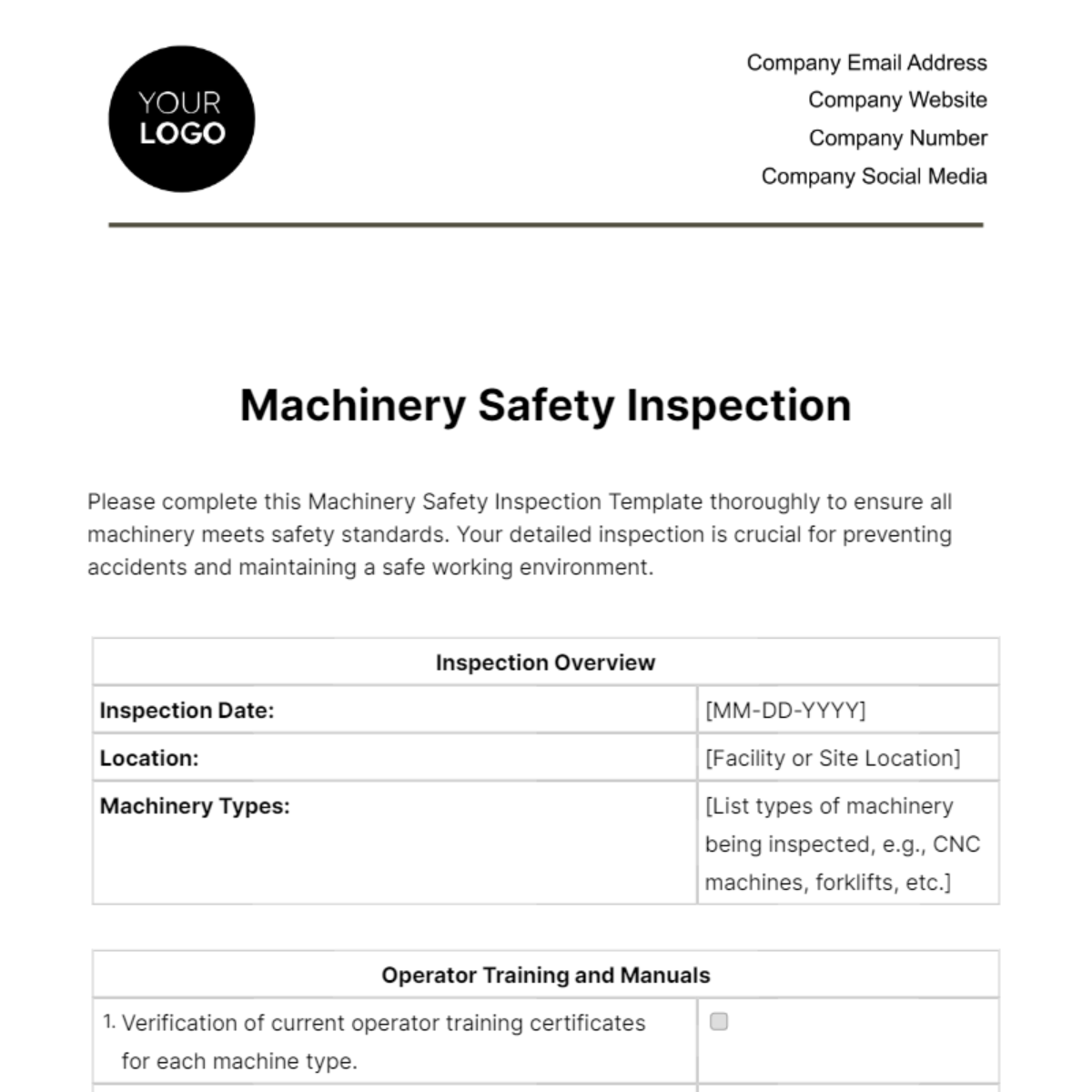 Machinery Safety Inspection Template