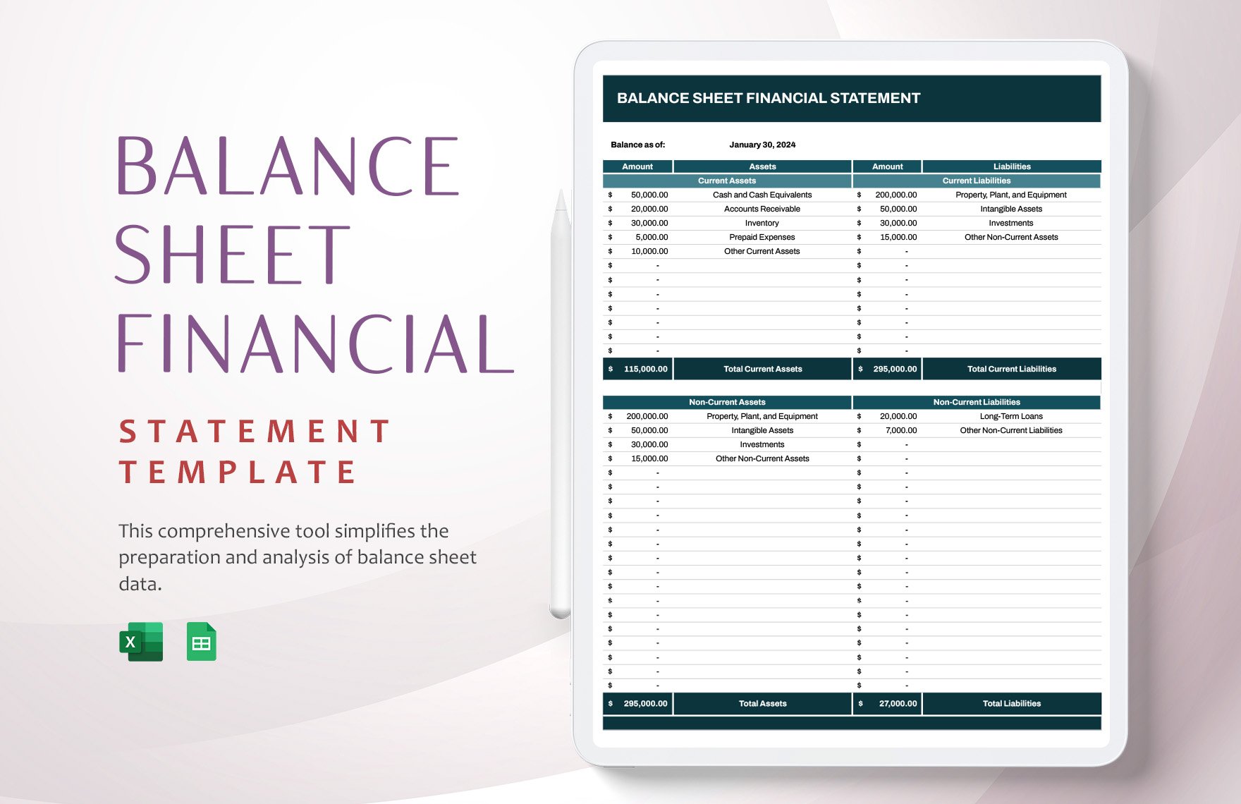 Balance Sheet Financial Statement Template in Excel, Google Sheets
